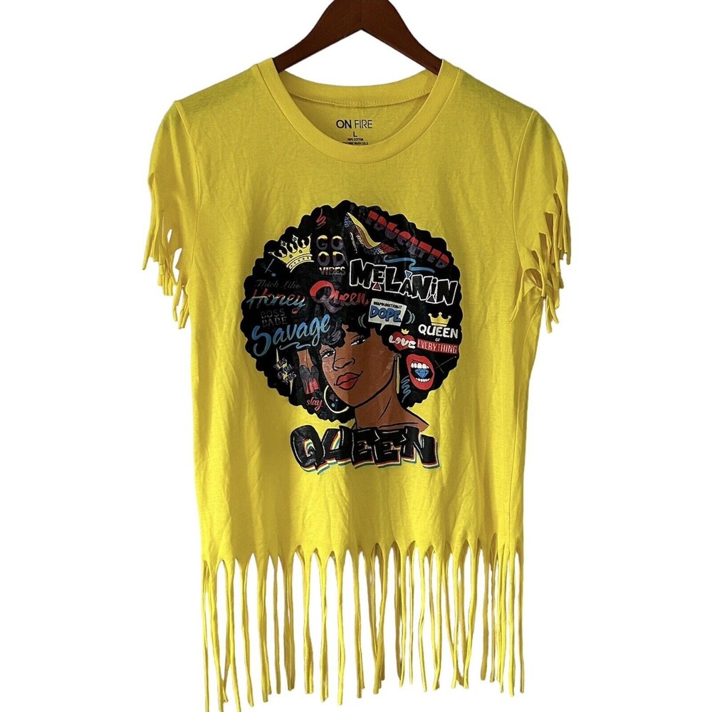 On Fire Yellow Queen Graphic Fringe Top Size L